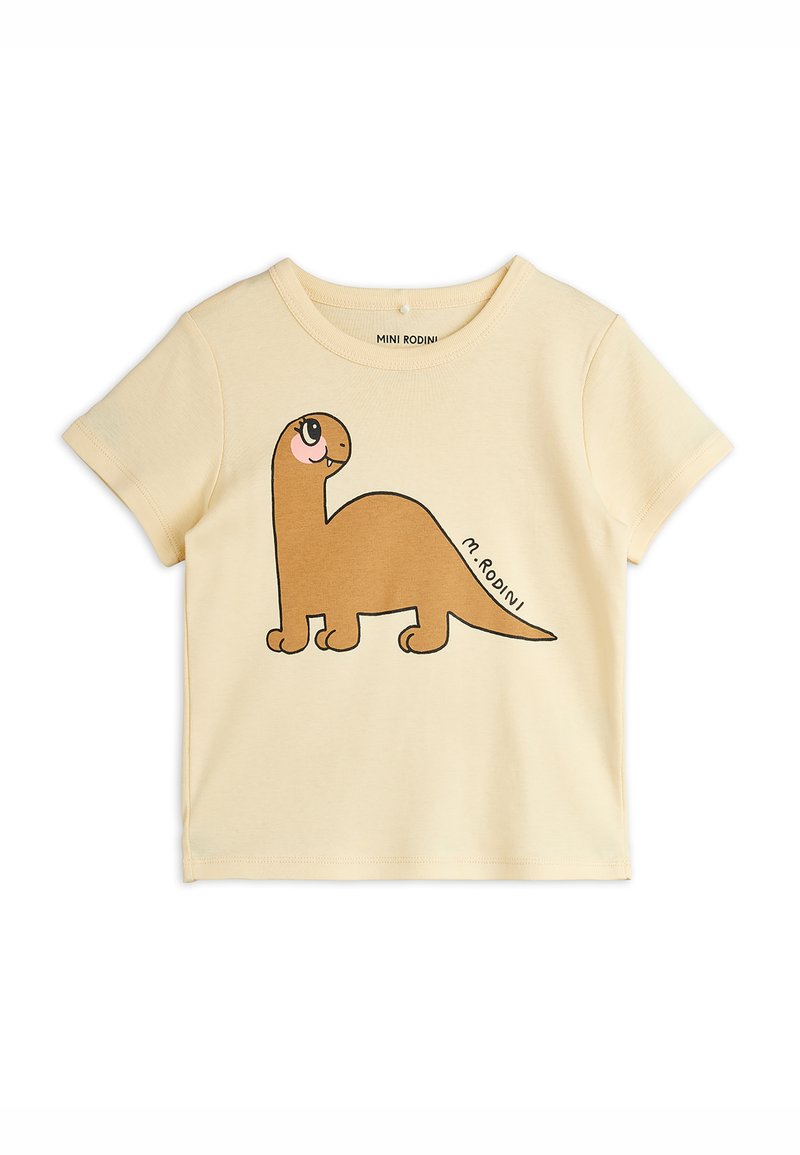 Helles gelbes Baumwoll-T-Shirt mit einem braunen Cartoon-Dinosaurier-Print, kurzen Ärmeln, rundem Ausschnitt und weichem Material.