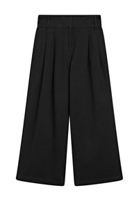 Pantaloni neri a gamba larga con vita alta, pieghe frontali e una texture del tessuto liscia. Design semplice senza hardware visibile.