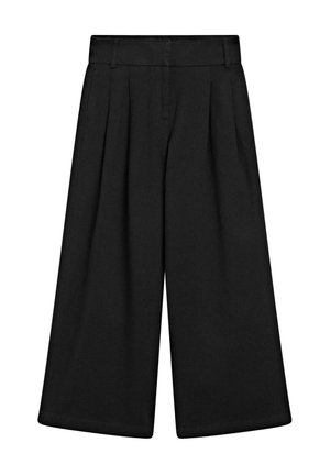 Černé kalhoty s širokými nohavicemi, vysokým pasem, předními záhyby a hladkou texturou látky. Jednoduchý design bez viditelných kovových prvků.