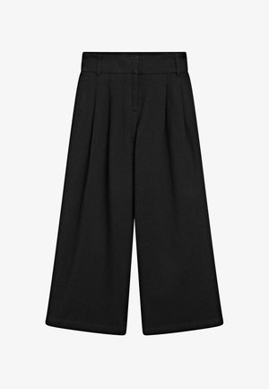 Černé kalhoty s širokými nohavicemi, vysokým pasem, předními záhyby a hladkou texturou látky. Jednoduchý design bez viditelných kovových prvků.