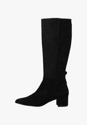 Stivali neri al ginocchio in suede con punta affusolata e tacco a blocco. Presentano una superficie liscia e una sottile cucitura decorativa nella parte superiore.