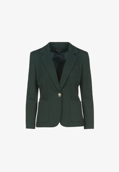 Ciemnozielona marynarka dopasowana z pojedynczym zapięciem na złoty guzik, klapami typu notch, dwiema dolnymi kieszeniami naszytymi oraz jedną małą kieszenią na piersi.