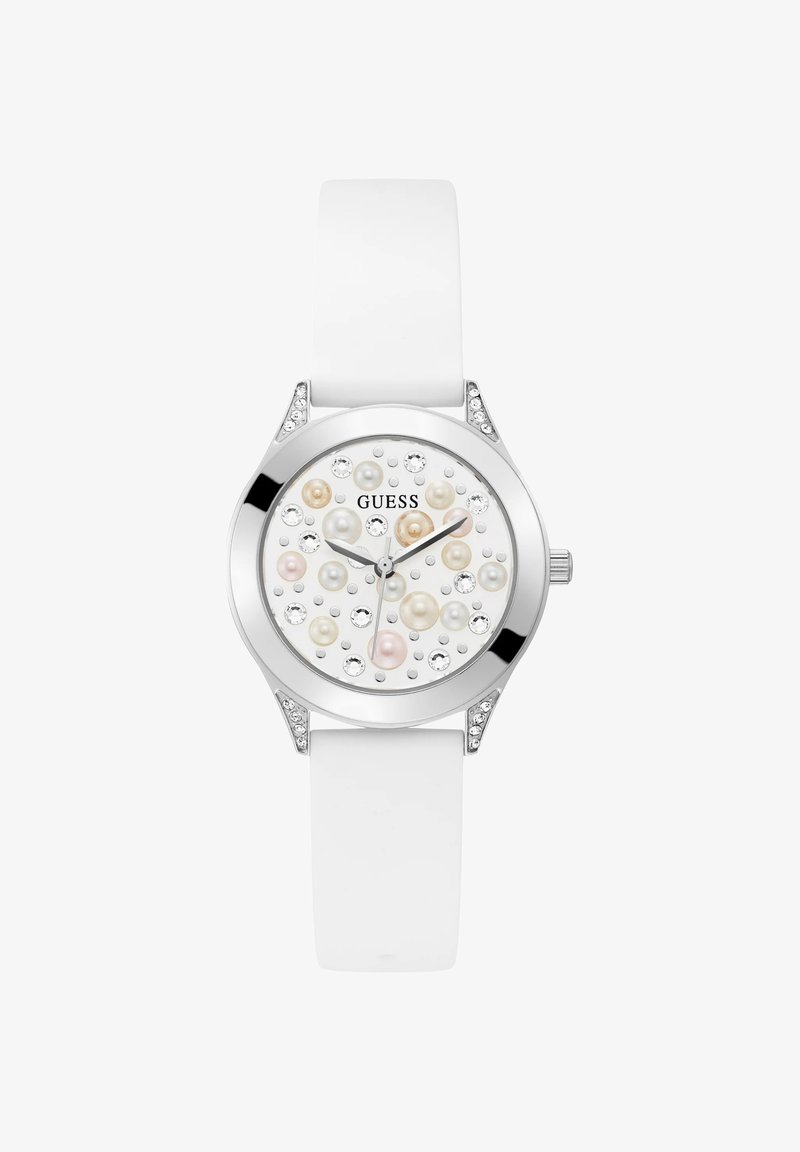 Guess polshorloge met een witte siliconen band, een zilveren bezel met kristallen en een wijzerplaat versierd met verschillende maten nepparels en kleine kristallen.