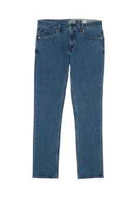 Jeans de mezclilla azul con un corte recto, cinco bolsillos y herrajes de metal. Cuenta con costuras cosidas y una cintura de altura media.