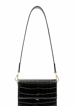 Sac d'épaule en cuir synthétique noir effet crocodile avec fermeture à rabat, ferrures dorées et bandoulière amovible.