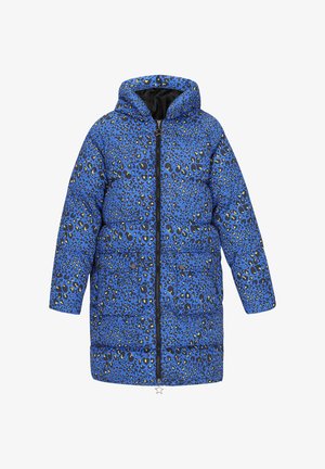 Blaues Leopardenmuster gepolsterter Mantel mit Kapuze, ausgestattet mit einem Frontreißverschluss, schwarzer Innenauskleidung und zwei Druckknopftaschen auf der Vorderseite.