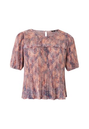Blusa a maniche corte in motivi acquerello rosa e viola, con scollatura rotonda, delicate pieghe e chiusura a chiave sul retro.