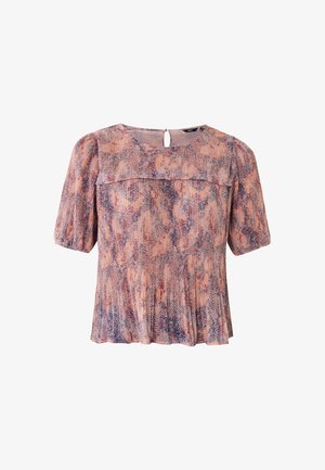 Blouse à manches courtes avec des motifs aquarelle rose et violet, présentant un col rond, de délicats plis et une fermeture en forme de trou de serrure dans le dos.