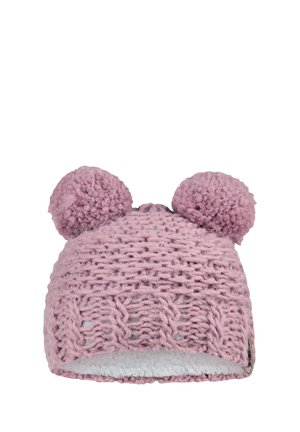 Gestickte rosa Mütze mit zwei Pompons obendrauf, die ein strukturiertes Muster aufweist und ein weiches Fleece-Futter für zusätzliche Wärme hat.