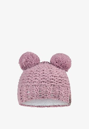 Knitted pink beanie with two pom-poms on top, featuring a textured pattern and a soft fleece lining for warmth.