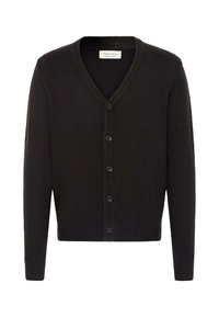 Svart cardigan med V-hals, frontknappåpning, ribbestrikkede mansjetter og kant, laget av myk, teksturert stoff.