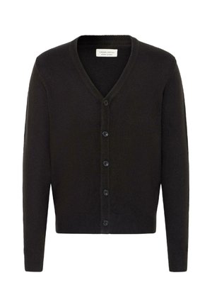 Crni kardigan s v-neck izrezom, prednjim kopčanjem na dugmad, rebrastim manžetama i rubom, napravljen od mekog, teksturiranog materijala.