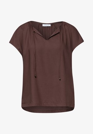 Bruine blouse met korte mouwen, V-hals en verstelbare trekkoorden, losse pasvorm en afgeronde zoom.