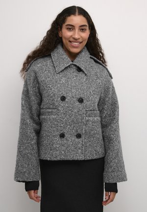 Gray wool-blend double-breasted jacket with large collar, four black buttons, and side pockets; features a cropped, boxy silhouette.