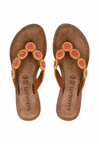 Brune flip-flops med en perlestraps med farverige cirkler i orange og gul. Blød, struktureret fodseng med syning.