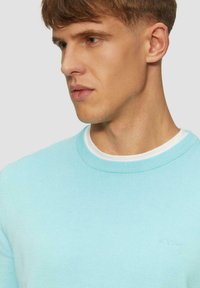 Hellblaues Sweatshirt aus einem weichen Strickstoff mit klassischem Rundhalsausschnitt. Verfügt über einen weißen Innenkragen und dezente Logo-Details.