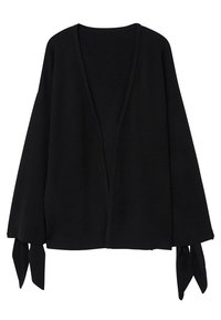 Cardigan noir ouvert à l'avant en tissu doux, avec des manches larges ornées de liens, et une silhouette décontractée.