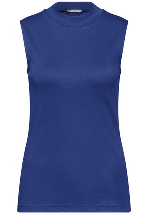 Débardeur sans manches en bleu uni, fabriqué en tissu lisse, avec un col haut et une silhouette ajustée. Pas de motifs ni d'embellissements.