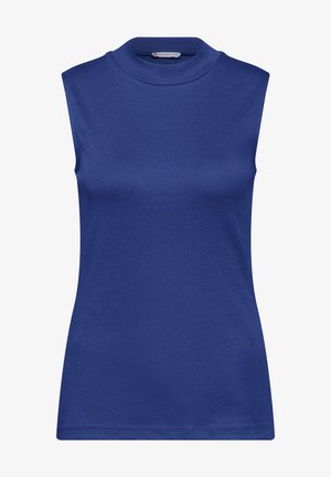 Mouwloos topje in effen blauw, gemaakt van gladde stof, met een hoge halslijn en een aansluitende snit. Geen patronen of versieringen.