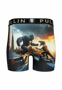 Boxer-briefs avec un design graphique représentant un affrontement entre un singe et un dinosaure, taille noire avec le logo "PULL-IN", couleurs vives et texture douce.