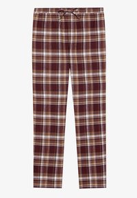 Rutig loungebyxor i burgunder, beige och vitt. Har ett elastiskt midjeband med dragsko. Flanelltextur, rak benmodell.