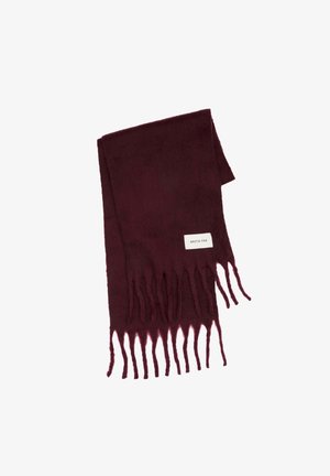 Burgundy scarf made of soft fabric, featuring fringed edges and a small white label with "ARCTIC FOX" at one end.