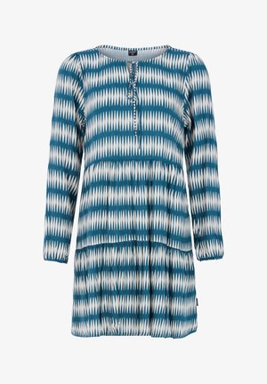 Langarmjurk in teal met wit geometrisch patroon, voorzien van een ronde halslijn, een knoopsluiting en een gelaagde ruffle-design.