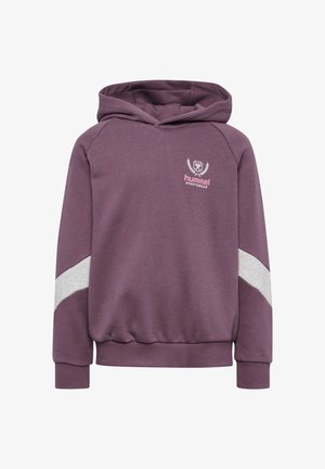 Lila Kapuzenpullover mit einem grauen diagonalen Akzent, versehen mit einem Frontlogo und einer Kängurutasche. Hergestellt aus weichem, elastischem Stoff mit Kapuze.