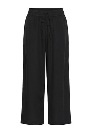 Pantaloni neri a gamba larga realizzati in un tessuto morbido, con una vita elastica e un cordoncino, senza motivi o accenti visibili.