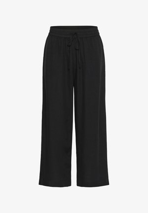 Pantalons larges noirs en tissu doux, dotés d'une taille élastique avec cordon de serrage, sans motifs ni accents visibles.