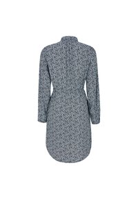 Langarmhemdkleid aus dunkelblauem Stoff mit weißem Blumenmuster, mit hohem Kragen und tailliertem Schnitt, leicht gerundetem Saum.