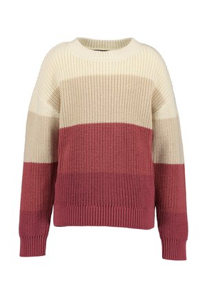 Crewneck-Strickpullover mit breiten horizontalen Streifen in Creme, Beige und Staubrosa, mit langen Ärmeln und gerippten Bündchen und Saum.