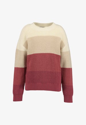 Crewneck striktrøje med brede, horisontale striber i creme, beige og støvet rosa, med lange ærmer og ribstrikkede manchetter og kant.