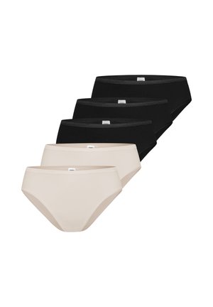 Cinq culottes pour femmes en noir et beige, disposées en rangée décalée sur un fond blanc.