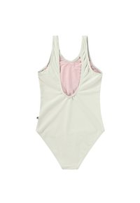 Un maillot de bain une pièce vert clair avec un col dégagé et des bretelles larges. L'intérieur présente une doublure rose. Texture lisse avec un minimum de détails.