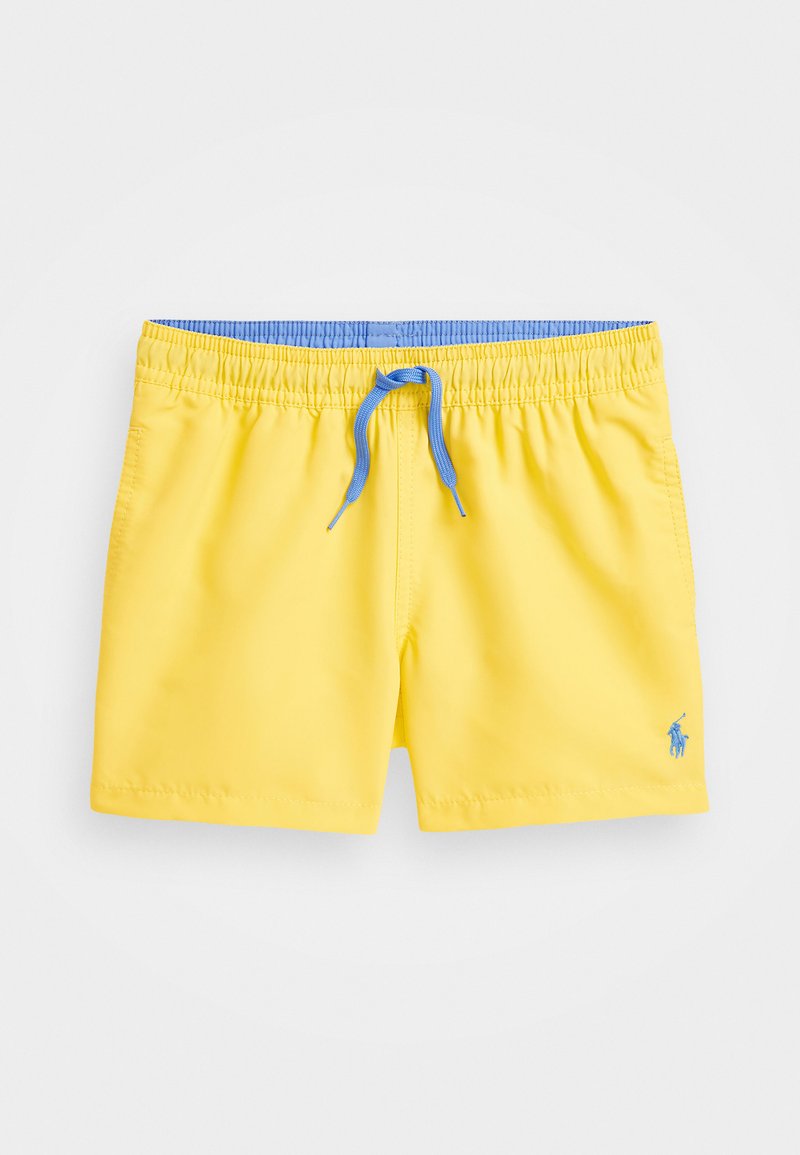 Bañador amarillo de material ligero y de secado rápido; cinturilla elástica con forro interior azul y cordón; presenta el logo en la parte delantera.