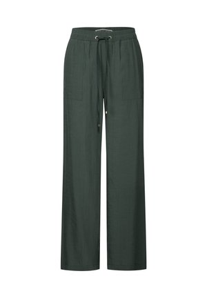 Pantalons larges vert foncé en tissu léger. Dotés d'une taille à cordon de serrage réglable et de deux poches avant. Surface texturée.