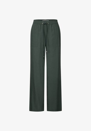 Pantaloni a gamba larga di un verde scuro realizzati in tessuto leggero. Presentano una vita regolabile con cordino e due tasche frontali. Superficie testurizzata.