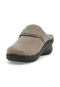 Scarpa grigia slip-on con upper testurizzato e motivo geometrico, soletta ammortizzata e suola piatta nera bassa.