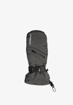 Gray insulated glove with a textured fabric, adjustable wrist strap, and black accent detailing. Features a logo and cinched cuff.