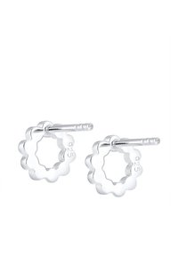 Silberohrringe in Blumenform mit einem ausgeschnittenen Zentrum und strukturierten Kanten. Mit "925" markiert, was auf Sterlingsilber hinweist.