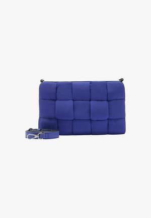 Borsa a tracolla rettangolare blu trapuntata con sezioni quadrate imbottite e tracolla abbinata staccabile con ganci in argento.