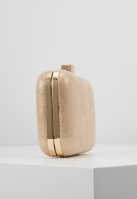 Clutch dorado con un exterior beige texturizado, forma rectangular y elegantes acentos metálicos. Presenta un cierre de presión en la parte superior.