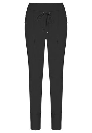 Schwarze Jogginghosen mit einem Kordelzugbund, seitlichen Reißverschlusstaschen und schmal zulaufenden Beinen. Hergestellt aus glattem, dehnbarem Material mit Nahtdetails.