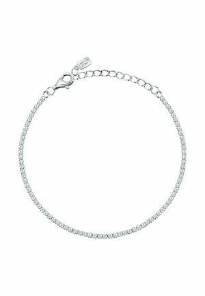 Silbernes Tennisarmband mit kleinen funkelnden Steinen und verstellbarem Kettenverschluss mit "La Petite Story" Anhänger.