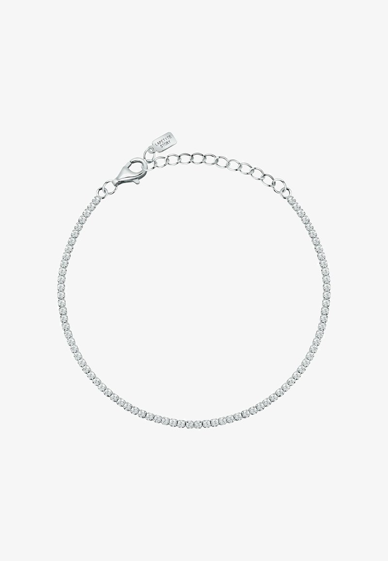 Silbernes Tennisarmband mit kleinen funkelnden Steinen und verstellbarem Kettenverschluss mit "La Petite Story" Anhänger.