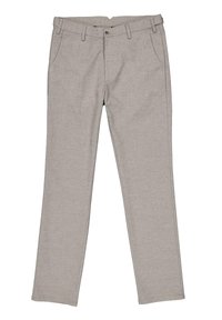 Beige trousers made of textured fabric, featuring a straight leg design, belt loops, two front pockets, and a single front button closure.