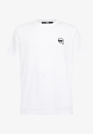 Witte katoenen t-shirt met een ronde halslijn en korte mouwen. Bevat een klein zwart grafisch logo op de linkerborst. Eenvoudig en basisontwerp.