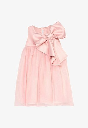 Ärmelloses, hellrosa Kleinkindkleid mit gerafftem Rock und großer Satinschleife auf der Brust.