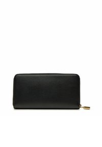 Portafoglio in pelle nera con superficie liscia, forma rettangolare, chiusura a zip completa e un piccolo dettaglio in hardware dorato.